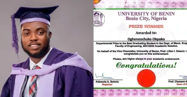 UNIBEN graduate awarded ₦5,000 as Best Graduating Student with 4.80/5.0 CGPA