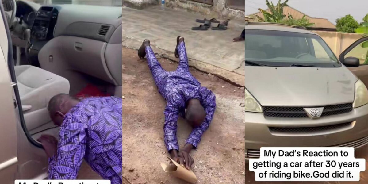 Lady shares her dad’s reaction to getting surprised with a new car after 30 years of riding bike. The lady identified as lizbethopticals1 took to the video-sharing platform to share the emotional moment her father was surprised with the mini van.