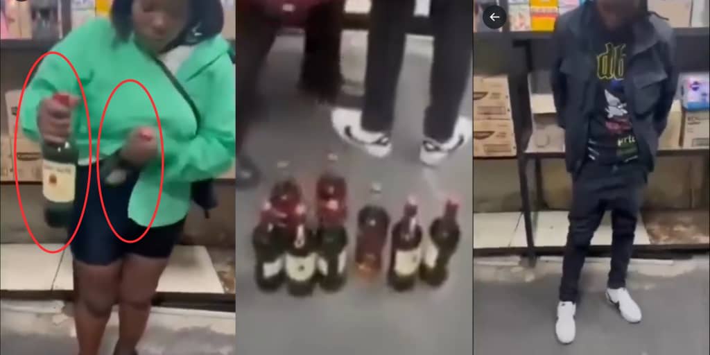 Couple caught on camera stealing drinks worth ₦5 million by hiding them in their clothes
