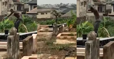 Man bathes publicly in Cemetery while standing on top of a grave