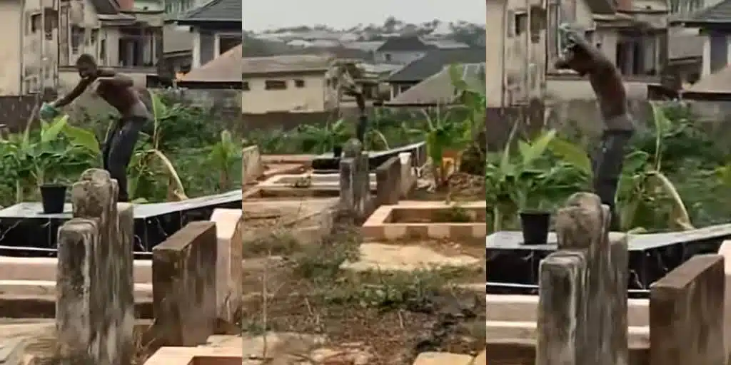 Man bathes publicly in Cemetery while standing on top of a grave