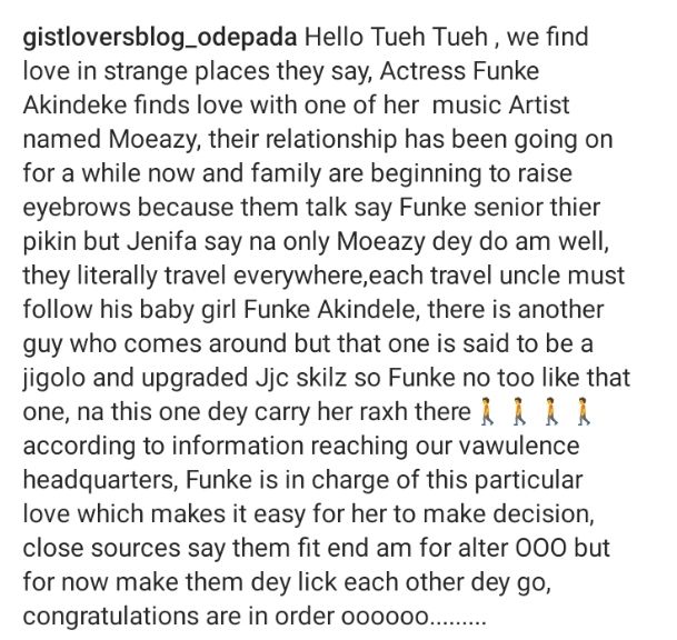 Furthermore, Gistlover alleged that Mo Eazy accompanies Funke Akindele on all her travels.

According to close sources, their romance might culminate in marriage.

Read Gistlover’s Post Below….

Hello Tueh Tueh , we find love in strange places they say, Actress Funke Akindeke finds love with one of her music Artist named Moeazy, their relationship has been going on for a while now and family are beginning to raise eyebrows because them talk say Funke senior thier pikin but Jenifa say na only Moeazy dey do am well, they literally travel everywhere,each travel uncle must follow his baby girl Funke Akindele.

There is another guy who comes around but that one is said to be a jigolo and upgraded Jjc skilz so Funke no too like that one, na this one dey carry her raxh there.

According to information reaching our vawulence headquarters, Funke is in charge of this particular love which makes it easy for her to make decision, close sources say them fit end am for alter OOO.

See below….