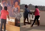 Drama as woman asks for payment after seeing her old wedding banner at a shop