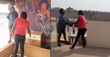 Drama as woman asks for payment after seeing her old wedding banner at a shop