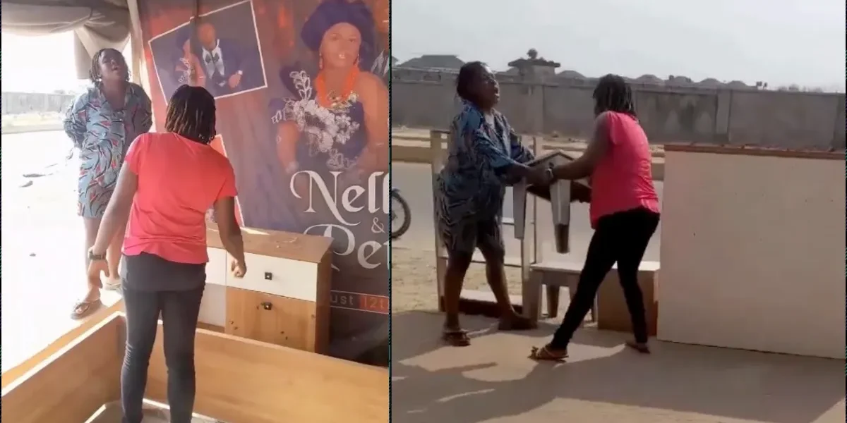 Drama as woman asks for payment after seeing her old wedding banner at a shop
