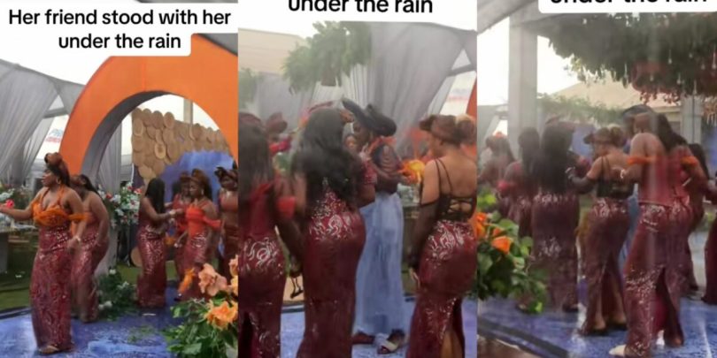 Bride and friends carry on event after it began raining on her wedding day