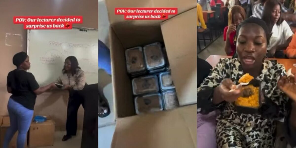 Lecturer surprises students with plates of rice after they surprised her with gifts
