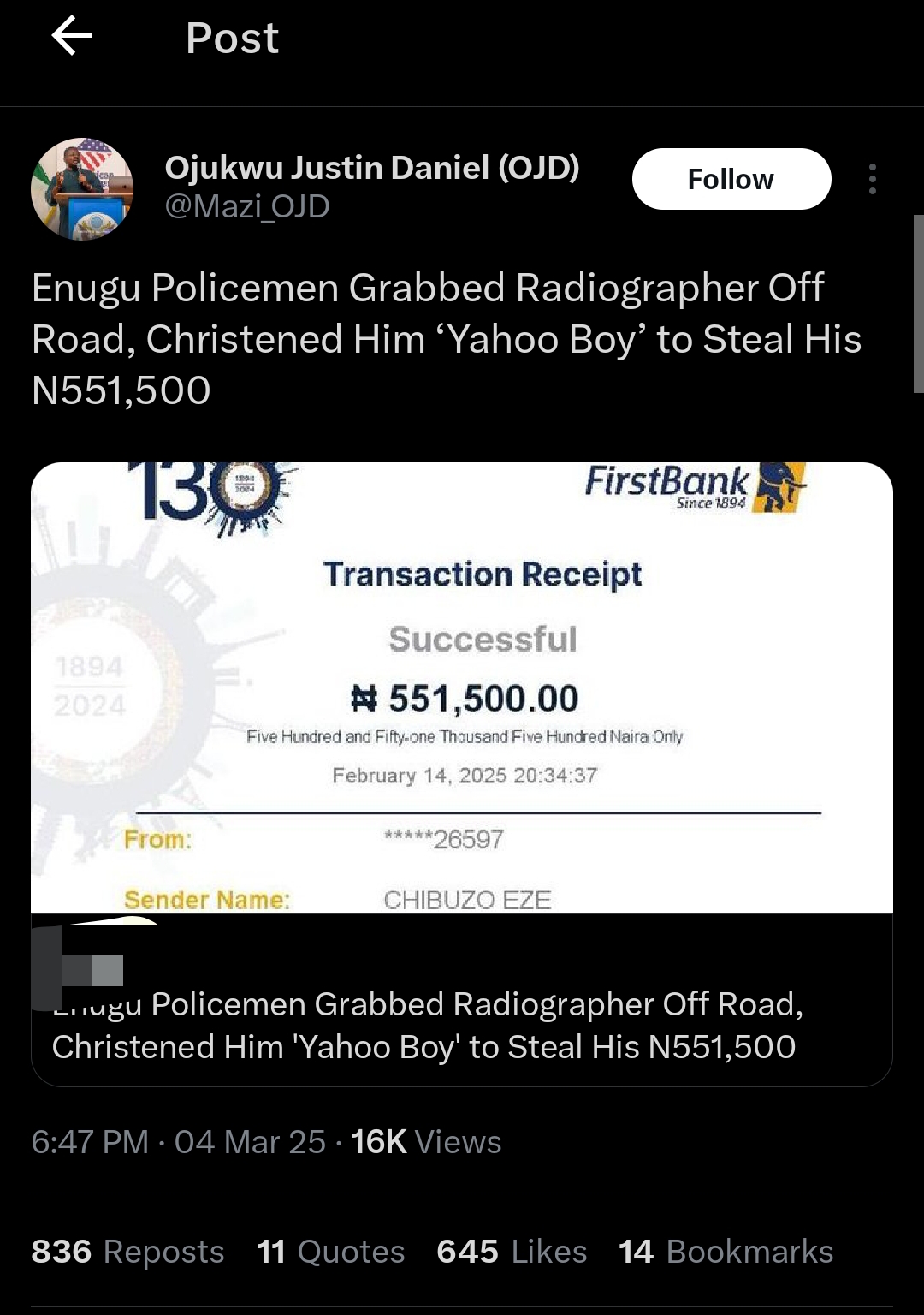 According to @Mazi_OJD, the victim’s brother reached out to narrate how his brother, a medical radiographer, was forcefully picked up by some police officers in Enugu. They reportedly labelled him a yahoo boy without evidence.

The victim was subsequently taken to a police station, where he was allegedly tortured and coerced into writing incriminating statements against himself.

The officers then took him to a POS agent, where they forced him to withdraw N551,500, which was collected as a bribe.

Further details revealed that the incident began when the victim was driving along a particular road and stopped at a mechanic shop to fix his tyre.

Police officers passing through the same area reportedly stopped, picked him up, and subjected him to the ordeal that followed — including his detention, forced statements, and eventual extortion.

As the post gained traction online, concerned individuals flooded the comment section to express their outrage and call for justice.

See some reactions below: 

@WarriWeirdo: “Armed robbers in disguise.”

@waslallah151518: “As long as our police recruits are paid less than ₦100k and given AK-47, they are state sponsored arm robbers.”

@anaga_banner: “That commissioner guy,he operates in crack Squad too in Golf. I had a case last month and na still him give the final order.”

@Adathebeloved: “I hope they have catcht hem. Thieves.”

SEE POST: