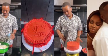 Enioluwa Bakes And Decorates Cake For Priscilla’s Upcoming Wedding, Fans Reacts