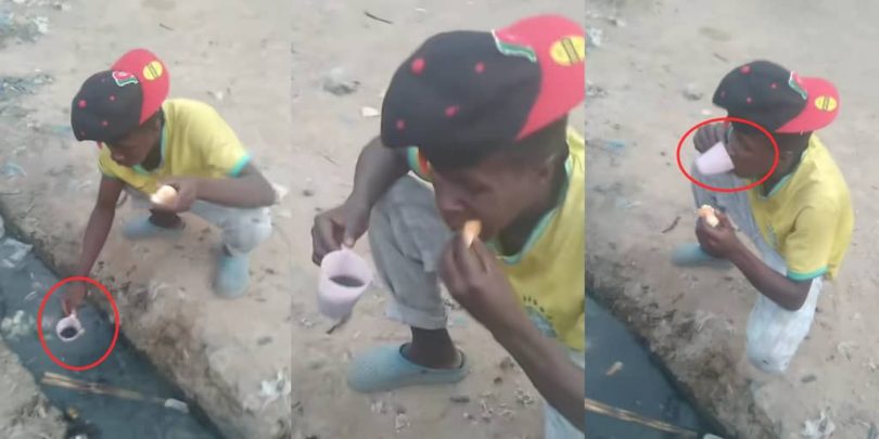 Man uses dirty drainage water to eat bread