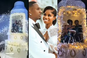 “Davido’s wedding dey learn” – Priscilla Ojo and Juma Jux wows the internet as they make grand entrance to their wedding venue through their 15ft wedding cake (Video)
