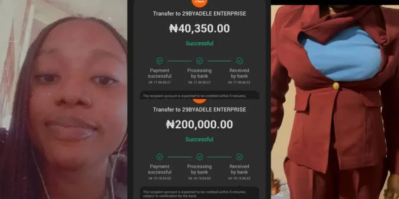 Woman calls out vendor after paying ₦240,350 for ill-fitting suit and cowl neck top