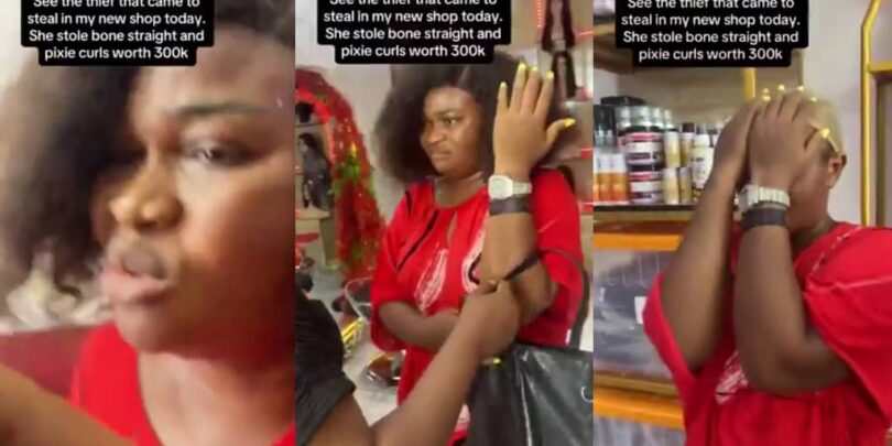 Woman busted on CCTV stealing bone straight and pixie wig worth ₦300k