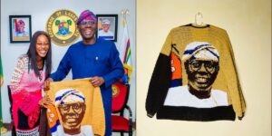 Sanwo-Olu hosts crocheter who spent 168 hours crafting his portrait on sweater
