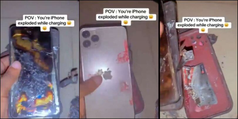 Lady laments as her iPhone explodes while charging