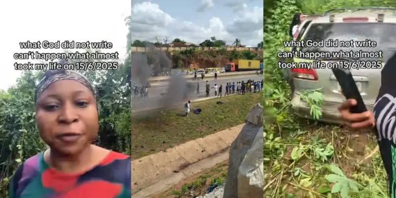 Lady shares how her car lost control on expressway, crashes into bush