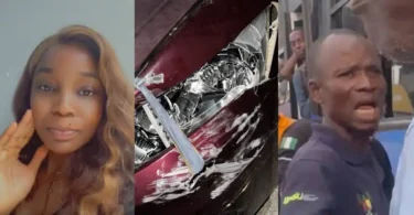 Lady cries out as BRT bus allegedly disobeys traffic light, rams into her car at Obalende