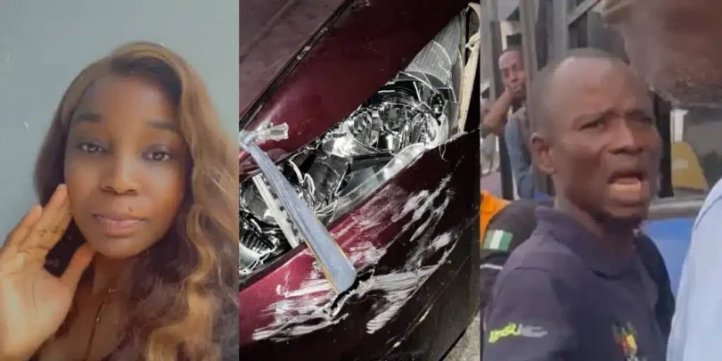 Lady cries out as BRT bus allegedly disobeys traffic light, rams into her car at Obalende