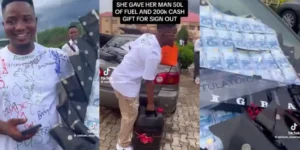 Lady surprises boyfriend with ₦200k, money bouquet, 20-liter fuel on his sign-out day
