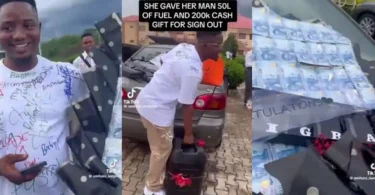 Lady surprises boyfriend with ₦200k, money bouquet, 20-liter fuel on his sign-out day