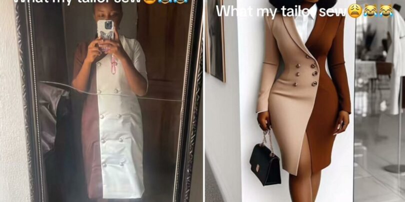 Lady laments as she shows off what she wanted vs what her tailor made